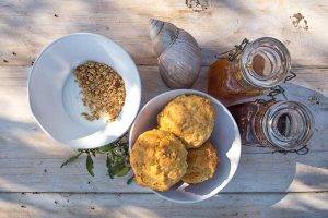Pungwe Bush Camp Plan view of breakfast meal. Cereal and jam's